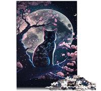 Puzzle 1000 pièces pour Adultes，Chat Cerisier en Fleurs du Japon，Puzzles en Bois pour Adultes et Enfants，Jouet de défi de Jeu éducatif，Taille ：50x75 cm