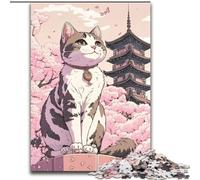 Puzzle 1000 pièces pour Adultes Chat Cerisier en Fleurs Japon Puzzle en Bois, Parfait pour Halloween, Noël, Cadeau d'anniversaire 1000 pièces(50x75cm)