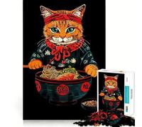 Puzzle 1000 pièces pour Adultes Chat Chef avec Bol de Ramen Illustration Décoration soignée Jeu de Construction et de Concentration Jeu de Paix Décoration d'anniversaire Cadeau (38x26cm)