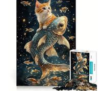 Puzzle 1000 pièces pour Adultes Chat chevauchant Un Poisson géant Jeu d'ajustement précis Jouet de compétences cognitives Temps de Jeu Relaxant Cadeau de Loisirs Festif (38x26cm)
