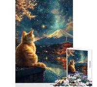Puzzle 1000 pièces pour Adultes Chat contemplant Le Mont Fuji et Une pagode Japon Van Gogh Décoration intérieure Jouet Œuvre d'art Cadeau Jeu en Famille avec Poster Assorti et fiche de Questions