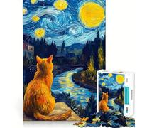 Puzzle 1000 pièces pour Adultes Chat contemplant Un Paysage étoilé Découpe Nette Jeu de Concentration pour se détendre Scène de Noël Illustration (50x75cm)