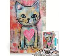Puzzle 1000 pièces pour Adultes Chat de la Saint-Valentin avec cœur Tendre Techniques Mixtes Jeu de réflexion Anti-Stress Chaque pièce est Unique 38x52cm