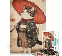 Puzzle 1000 pièces pour Adultes Chat en Kimono avec Parapluie,Assemblage Parfait,Jeu de réflexion Artistique,Cadeau,Jeu Lent,décoration Murale de Noël (38x26cm)
