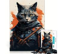 Puzzle 1000 pièces pour Adultes Chat Guerrier Japonais Découpe précise Art Jeu créatif et Stimulant Jeu de Loisirs Amusant Cadeau d'anniversaire (50x75cm)
