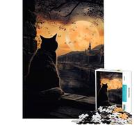 Puzzle 1000 pièces pour Adultes Chat Lune Nuit Jouet Animalier Jeu intellectuel éducatif Amusant et Humoristique Cadeau d'anniversaire (Dimensions 75x50cm)