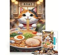 Puzzle 1000 pièces pour Adultes Chat Mangeant des Ramen au Restaurant Décoration soignée Jeu de Construction Jeu de Paix Cadeau d'anniversaire (38x26cm)