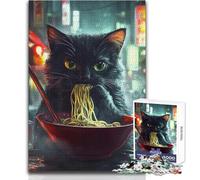 Puzzle 1000 pièces pour Adultes - Chat Mangeant des Ramen en Ville - Détendez-Vous Pendant Votre Temps Libre - Découpe Nette et sans Couture - Dimensions:38x52cm