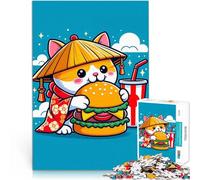 Puzzle 1000 pièces pour Adultes Chat Mangeant Un Hamburger Séjour Anti-Stress pour Tuer Le Temps Interaction Parent-Enfant 26x38cm
