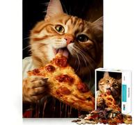 Puzzle 1000 pièces pour Adultes Chat Mangeant Une Pizza Assemblage Parfait Jeu de réflexion Artistique Cadeau Jeu Lent Décoration Murale de Noël (50x75cm)