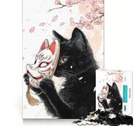 Puzzle 1000 pièces pour Adultes Chat Noir avec Masque de Kitsune Articulations Pointues Jeu de résolution de problèmes,Moment de détente et de Divertissement,Décoration de Noël (50x75cm)