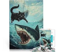Puzzle 1000 pièces pour Adultes Chat Noir Contre Requin Séjour Anti-Stress pour Tuer Le Temps Super Cadeau 52x38cm