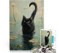 Puzzle 1000 pièces pour Adultes Chat Noir dans l'étang Jouets éducatifs d'apprentissage avec Affiche et Feuille de Questions correspondantes 38x26cm