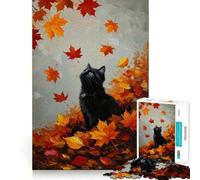 Puzzle 1000 pièces pour Adultes Chat Noir dans Un Tableau de Feuilles d'automne Ajustement Parfait Jeu de réflexion Artistique Cadeau Jeu Lent Décoration Murale de Noël (38x52cm)