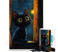 Puzzle 1000 pièces pour Adultes Chat Noir Dessin animé à la fenêtre Découpe précise Jeu créatif et intellectuel Loisirs et Divertissement Cadeau d'anniversaire (38x26cm)
