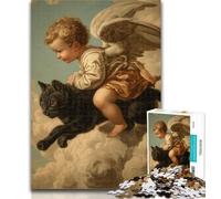 Puzzle 1000 pièces pour Adultes Chat Noir et bébé Ange 1000 pièces pour Adultes et Adolescents, avec Affiche Assortie et fiche de Questions pour Les 14 Ans et Plus 50x75cm