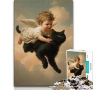 Puzzle 1000 pièces pour Adultes Chat Noir et bébé Ange, Jeu Stimulant et éducatif en Famille pour Anniversaire, Noël 38x26cm