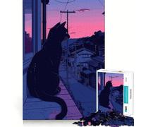 Puzzle 1000 pièces pour Adultes,Chat Noir Rose lofi rétro,Jeu de réflexion, pour se détendre,Cadeau d'anniversaire Amusant (50x75cm)