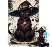 Puzzle 1000 pièces pour Adultes Chat Noir sorcière aux Yeux Verts,Jeu d'articulation Pointue,Jouet de résolution de problèmes,Moment de détente et de Divertissement,décoration de Noël (38x26cm)