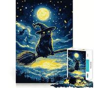 Puzzle 1000 pièces pour Adultes Chat Noir Sorcière sur Balai Articulations Pointues,Jeu de résolution de problèmes,Moment de détente et de Divertissement,Décoration de Noël (38x26cm)