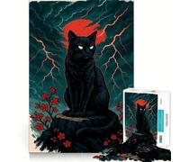 Puzzle 1000 pièces pour Adultes Chat Noir sous la Lune Rouge Style Japonais Jeu de réflexion Stimulant,Divertissement Calme,décoration de Noël (50x75cm)