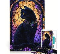 Puzzle 1000 pièces pour Adultes Chat Noir Vitrail Articulations Pointues,Jeu de résolution de problèmes,Moment de détente et de Divertissement,décoration de Noël (38x26cm)