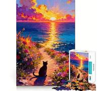 Puzzle 1000 pièces pour Adultes Chat Observant Le Coucher du Soleil sur la mer Casse-tête Amusant et précis pour se détendre et Passer Un Moment agréable Décoration de Noël (50x75cm)