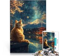 Puzzle 1000 pièces pour Adultes Chat regardant Le Mont Fuji et la pagode Japon Van Gogh Casse-tête Bon Cadeau 38x26cm