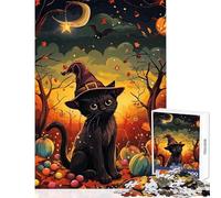 Puzzle 1000 pièces pour Adultes Chat sorcière d'halloween Jeu Anti-Stress Cadeau d'anniversaire Jeu éducatif avec Poster et fiche de Questions Assortis Dimensions 38x52cm