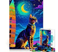 Puzzle 1000 pièces pour Adultes Chat sous Un Croissant de Lune et Un obélisque Casse-tête Amusant et Complexe Cadeau de Loisirs et de détente Décoration de Noël (38x26cm)