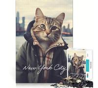 Puzzle 1000 pièces pour Adultes Chat touriste New York Clean Fit Decor Jouet d'exercice cérébral Moments de détente et de Jeu Amusant pour Un Anniversaire (38x52cm)