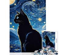 Puzzle 1000 pièces pour Adultes Chat Van Gogh Jeu Anti-Stress Cadeau d'anniversaire Jeu Impossible avec Poster et fiche de Questions Assortis Format 38x26cm