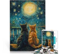 Puzzle 1000 pièces pour Adultes Chats Amoureux de la Nuit étoilée Analyse et logique avec Affiche et Feuille de Questions correspondantes 50x70cm