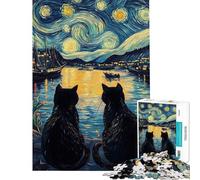 Puzzle 1000 pièces pour Adultes Chats sous la Nuit étoiléejeu Amusant et Difficile Cadeau Original pour Un Anniversaire ou Autre (50x75cm)