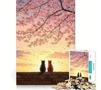 Puzzle 1000 pièces pour Adultes Chats sous Le Coucher de Soleil Sakura Décoration Facile à Nettoyer Jouet d'exercice cérébral Moments de détente et de Jeu Amusant pour Un Anniversaire (50x75cm)