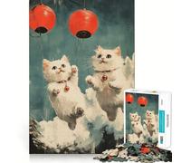 Puzzle 1000 pièces pour Adultes Chats Volant avec des lanternes Décoration Clean Fit Jouet d'exercice cérébral Moments de détente Jeu Amusant pour Un Anniversaire (38x52cm)