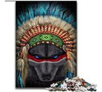 Puzzle 1000 pièces pour Adultes Chef de Guerre Indien Loup Puzzle 1000 pièces pour la décoration de la Maison et du Bureau, Cadeau Parfait pour Un Anniversaire Taille 26X38CM