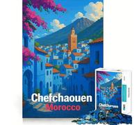 Puzzle 1000 pièces pour Adultes Chefchaouen,Maroc ︰ Paysage Urbain Bleu Découpe précise Jeu de réflexion et de détente Cadeau Artistique de Noël (50x75cm)