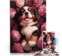 Puzzle 1000 pièces pour Adultes Chiot Bouvier Bernois en Roses Entraînez Votre Cerveau et Vos Mains Cadeau Amusant 52x38cm