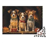 Puzzle 1000 pièces pour Adultes Chiots de Noël Assis Chiots de Noël Nœuds Papillon Cadeaux Cheminée Très Difficile Premium Épais Solide Soulagement du Stress Décor Familial 52x38cm/1000pcs