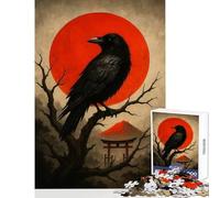 Puzzle 1000 pièces pour Adultes Corbeau perché Devant Un Soleil Rouge et Un Torii Décoration Murale pour Jouer en Famille Renforce l'amour Entre Les Couples Dimensions 50x75cm