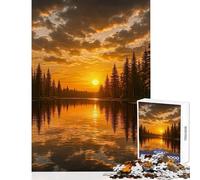 Puzzle 1000 pièces pour Adultes Coucher de Soleil doré sur Un lac forestier Décoration intérieure Jeu de réflexion pour Un Père Noël Secret Chaque pièce est Unique Dimensions 38x52cm