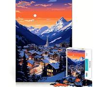 Puzzle 1000 pièces pour Adultes, Coucher de Soleil Suisse, Village enneigé, Assemblage Parfait, Jeu de réflexion Artistique, Cadeau, Jeu Lent, décoration Murale de Noël (38x26cm)