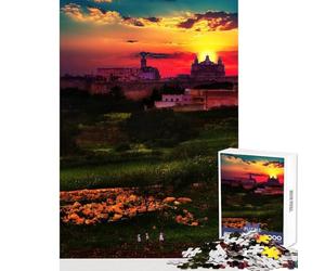 Puzzle 1000 pièces pour Adultes Coucher de Soleil sur Les remparts de Mdina à Malte Jeu Relaxant et Stimulant Jouet à Monter soi-même Cadeau d'anniversaire ou de Voyage (38x52cm)