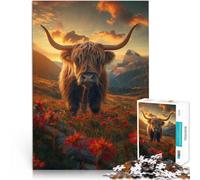 Puzzle 1000 pièces pour Adultes Coucher de Soleil sur Les Vaches des Highlands Jeu Stimulant Super Cadeau 38x26cm