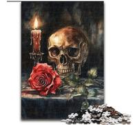 Puzzle 1000 pièces pour Adultes, crâne, Rose Rouge, Bougie, adapté aux Personnes de 14 Ans et Plus Difficile à réaliser, mais Amusant et Humoristique Superbe Cadeau (Taille 26x38cm)