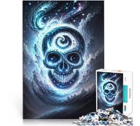 Puzzle 1000 pièces pour Adultes Crâne Spatial Bleu Jeux éducatifs Décoration d'intérieur avec Affiche et Feuille de Questions correspondantes 38x26cm
