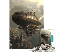 Puzzle 1000 pièces pour Adultes Dirigeable Steampunk au-Dessus d'une Ville Jeu intellectuel Jeu Impossible Apprentissage éducatif Cadeau de Père Noël Secret (Dimensions 38x26cm)