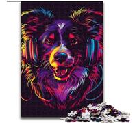 Puzzle 1000 pièces pour Adultes DJ Neon Border Collie en Bois, idéal comme Cadeau pour s'amuser en Famille 50x75cm pour Les fêtes, Les Anniversaires et Les soirées Jeux en Famille