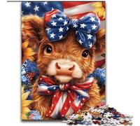 Puzzle 1000 pièces pour Adultes Drapeau américain Highland Cow, adapté aux Personnes de 14 Ans et Plus Jeux éducatifs Cadeaux du Père Noël Secret (Taille 26x38cm)